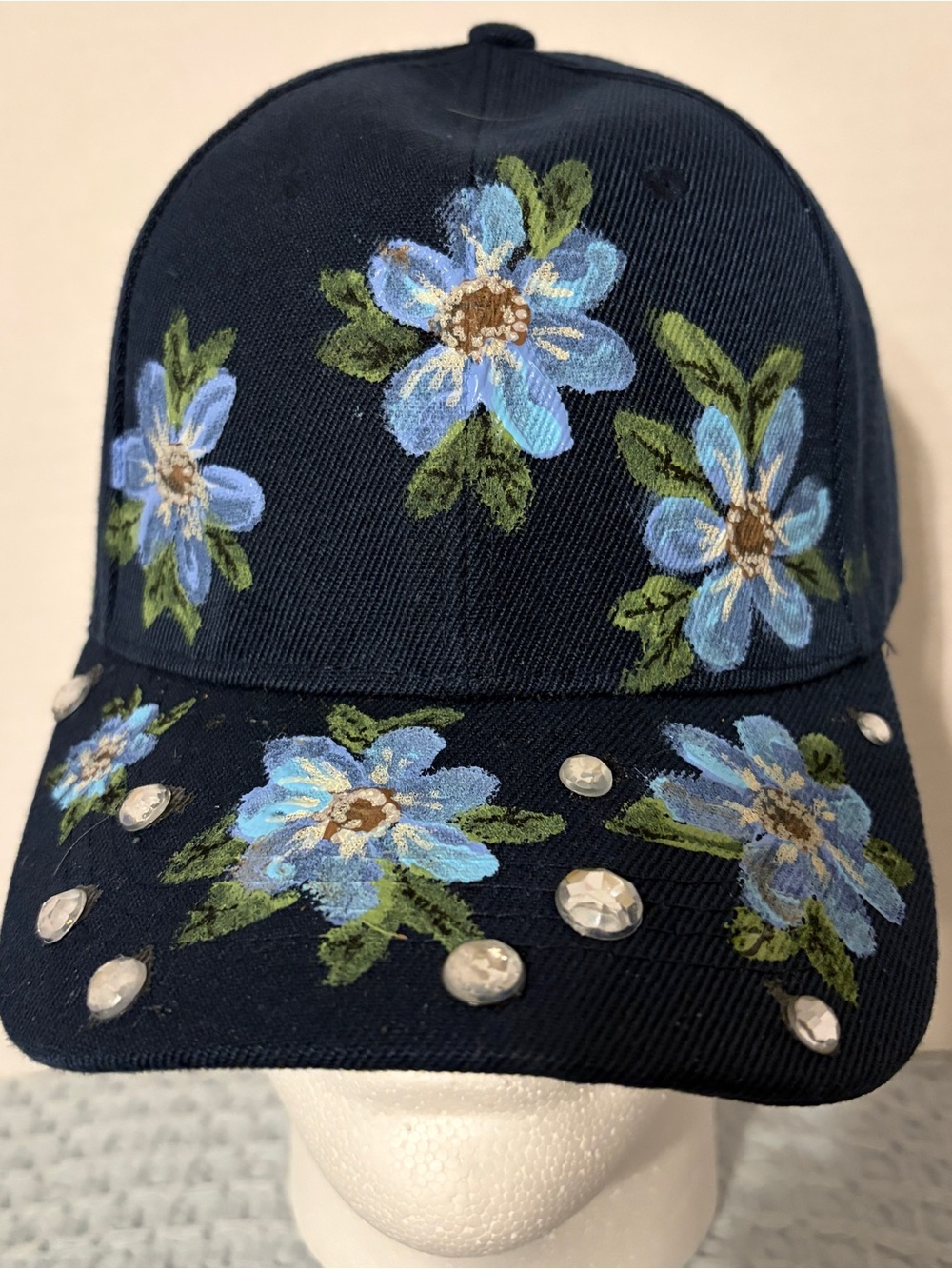 Navy Floral Rhinestone Baseball Cap - Women's Hat